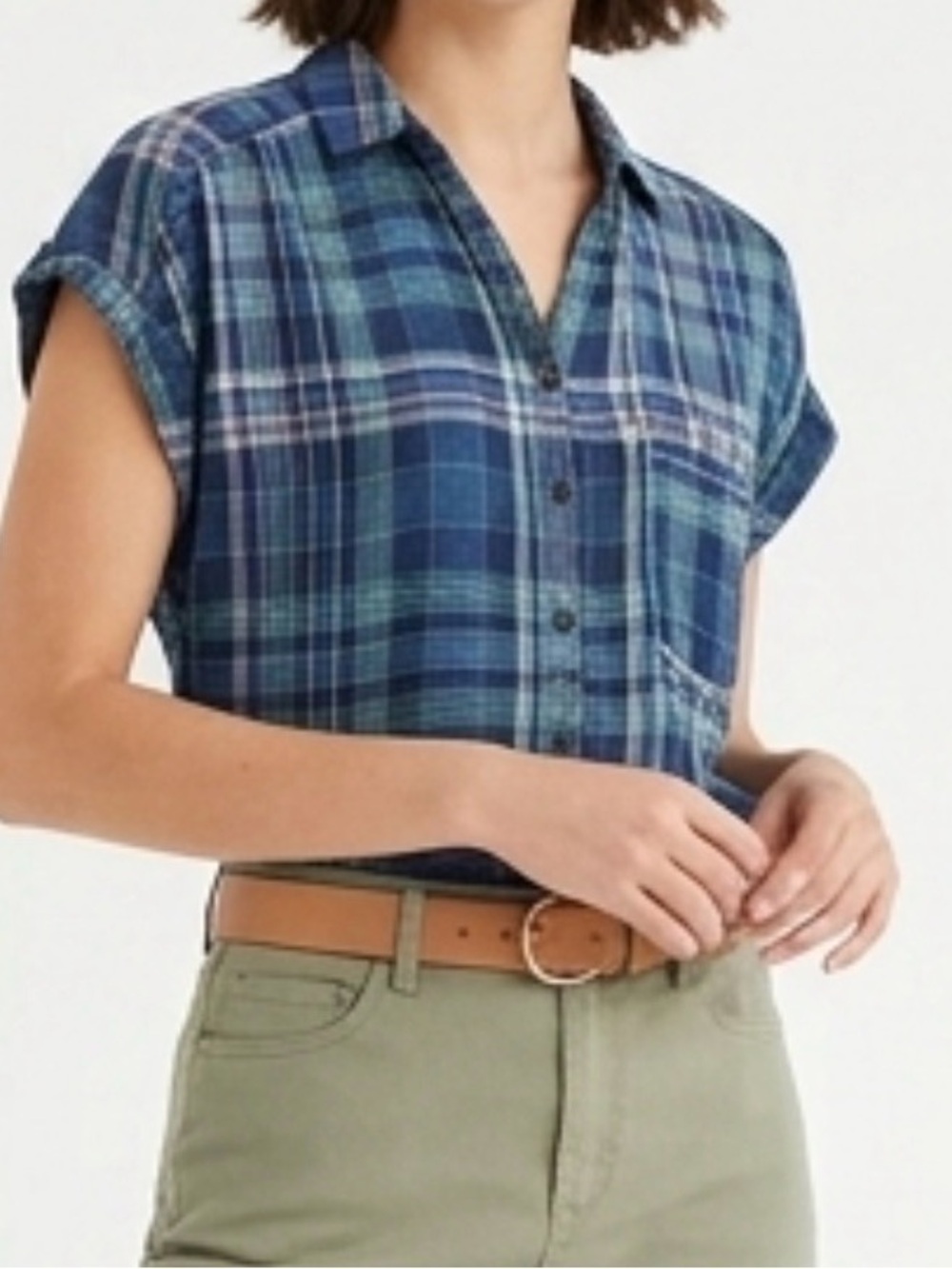 Sonoma Navy and Teal Plaid Button-Front Shirt
